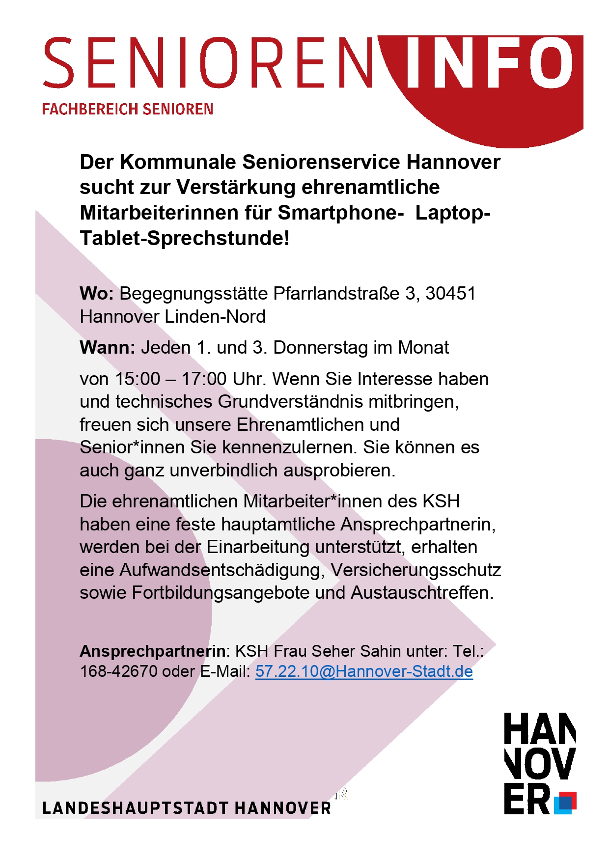 Der Kommunale Seniorenservice Hannover  sucht zur Verstärkung ehrenamtliche Mitarbeiterinnen für Smartphone- Laptop-Tablet-Sprechstunde!