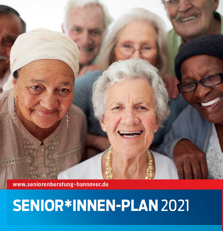 Auf dem Deckblatt des Seniorenplans 2021 sind diverse Senioren aufgebildet